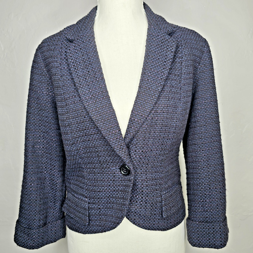 Women's Anthropologie Tabitha Blue Tweed Blazer Size 4 One Button Career